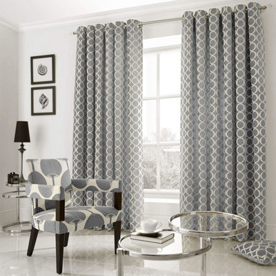 Oh Geometric Chenille Ring Top Fully Lined Eyelet Curtains