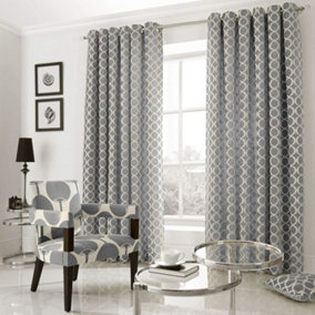 Oh Geometric Chenille Ring Top Fully Lined Eyelet Curtains