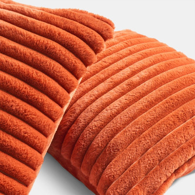 OHS 2 x Faux Fur Thick Rib Cushion Covers - Rust