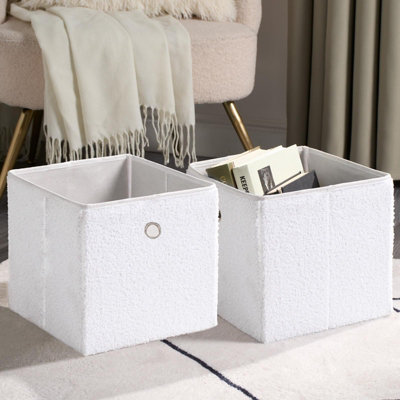 OHS Boucle Cube Folding Space Saving Storage Boxes, White - 2 Pack