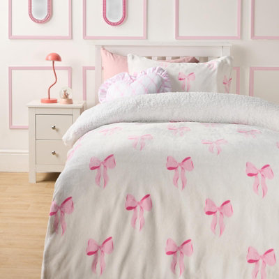 OHS Bows Fleece Bedding Set Winter Duvet Cover with Pillowcase, White ...