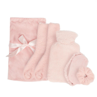OHS Cosy Fleece Gift Set Womens Christmas Winter Hot Water Bottle 5PC - Blush