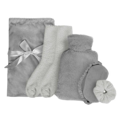 OHS Cosy Fleece Gift Set Womens Christmas Winter Hot Water Bottle 5PC - Grey