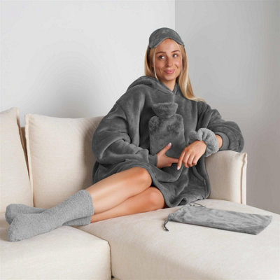 OHS Cosy Fleece Gift Set Womens Christmas Winter Hot Water Bottle 5PC - Grey