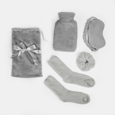 OHS Cosy Fleece Gift Set Womens Christmas Winter Hot Water Bottle 5PC - Grey - 3