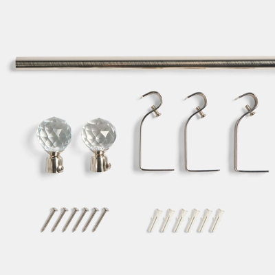 OHS Crystal Ball Finial Metallic Silver 16mm Curtain Pole Extendable Rod 120-220cm