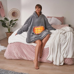 OHS Heated Hoodie Blanket Ultra Plush Wearable Sherpa Oversize - Charcoal