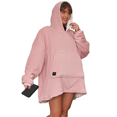 OHS Heated Hoodie Blanket Wearable Sherpa Oversize - Blush w/ Power Bank