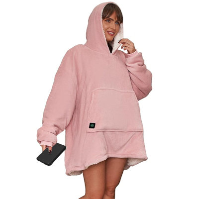 OHS Heated Hoodie Blanket Wearable Sherpa Oversize Blush w/ Power