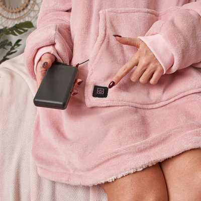 OHS Heated Hoodie Blanket Wearable Sherpa Oversize - Blush w/ Power Bank