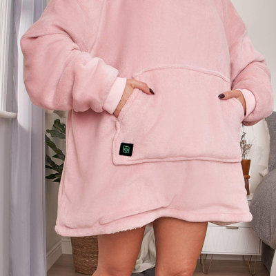 OHS Heated Hoodie Blanket Wearable Sherpa Oversize - Blush w/ Power Bank - 3