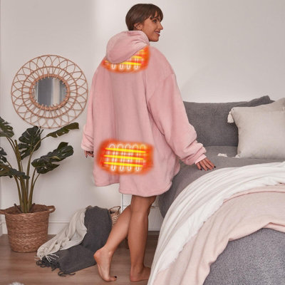 OHS Heated Hoodie Blanket Wearable Sherpa Oversize - Blush w/ Power Bank - 5