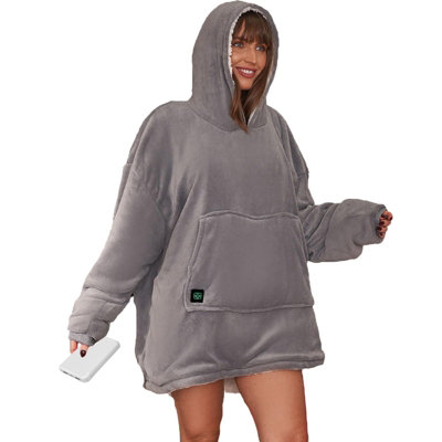 OHS Heated Hoodie Blanket Wearable Sherpa Oversize - Charcoal w/ Power Bank  | DIY at Bu0026Q