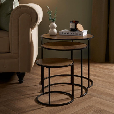 OHS Manhattan Round Nesting Side Coffee Table with Metal Frame - Dark Wood