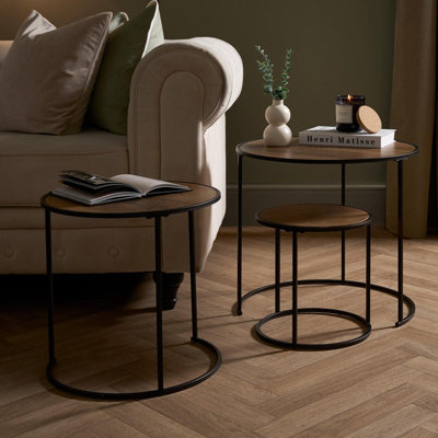 OHS Manhattan Round Nesting Side Coffee Table with Metal Frame - Dark Wood