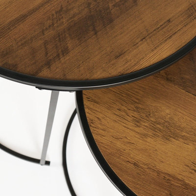 OHS Manhattan Round Nesting Side Coffee Table with Metal Frame - Dark Wood