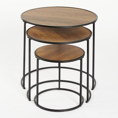 OHS Manhattan Round Nesting Side Coffee Table with Metal Frame - Dark Wood