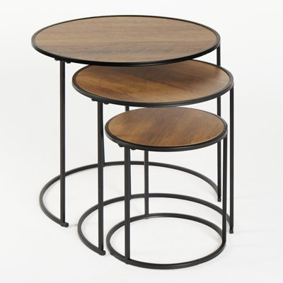 OHS Manhattan Round Nesting Side Coffee Table with Metal Frame - Dark Wood
