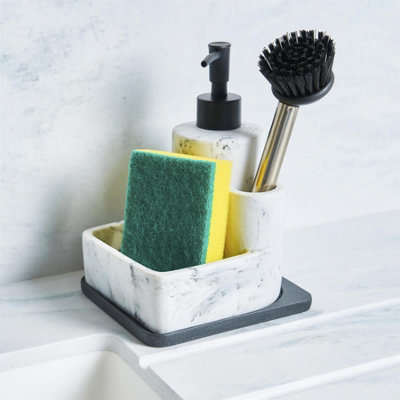OHS Marble Effect Kitchen Soap Dispenser Sponge Holder Organiser