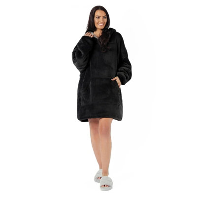 OHS Petite Hoodie Blanket Sherpa Supersoft Warm Fleece Throw Jumper - Black