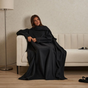 OHS Polar Fleece Blanket with Sleeves Wearable Wrap Throw, Black - 135 x 170cm