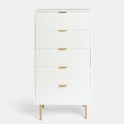 OHS Ribbed Bedside Table 5 Drawer Modern Nightstand Office Cabinet, White