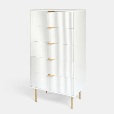 OHS Ribbed Bedside Table 5 Drawer Modern Nightstand Office Cabinet, White