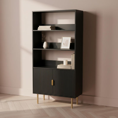 OHS Ribbed Display Unit Modern Drawer Cabinet Shelf Storage - Black