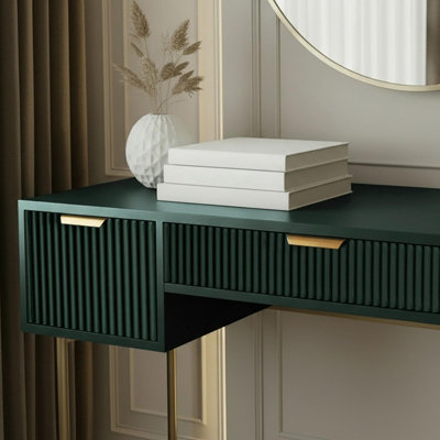 dark green dressing table OHS Ribbed Vanity Makeup Desk with 3 Drawers Crafted from durable MDF Size:Cream / Crew / Medium itp-collectionId-186 Green makeup vanity set Simple Black Mini Long