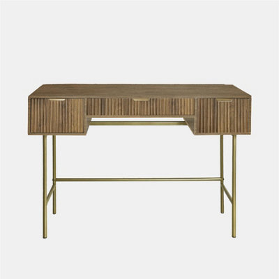 OHS Ribbed Dressing Table Vanity Makeup Desk with 3 Drawers - Medium Wood