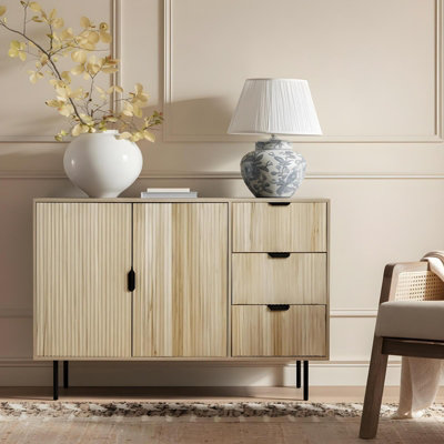 OHS Ribbed Sideboard Table Modern Drawer Shelf Cabinet Storage - Light Wood