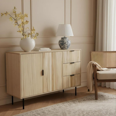 OHS Ribbed Sideboard Table Modern Drawer Shelf Cabinet Storage - Light Wood