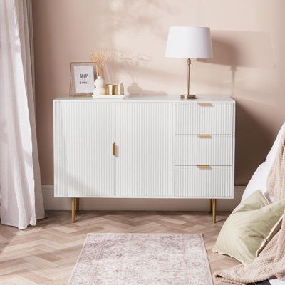 OHS Ribbed Sideboard Table Modern Drawer Shelf Cabinet Storage - White