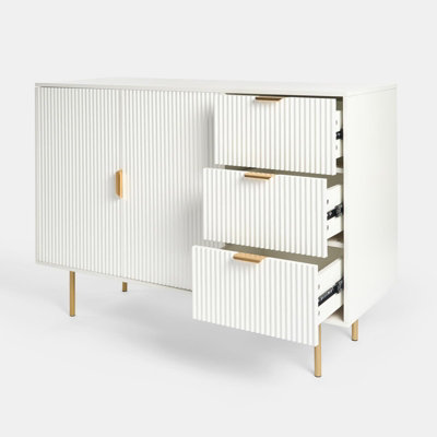 OHS Ribbed Sideboard Table Modern Drawer Shelf Cabinet Storage, White