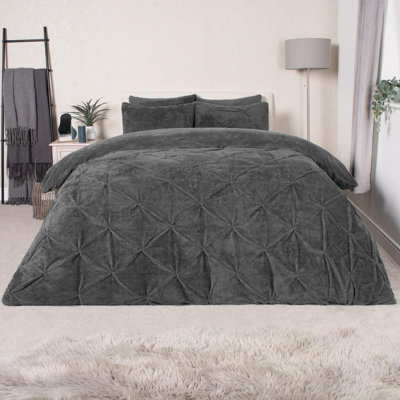 OHS Teddy Fleece Duvet Cover Set Pintuck Warm Super Soft, Charcoal - Single