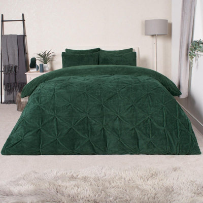 OHS Teddy Fleece Duvet Cover Set Pintuck Warm Super Soft, Forest Green - Single