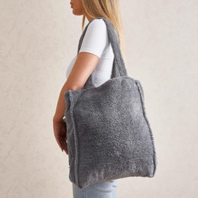 OHS Teddy Fleece Tote Shopping Carrier Reusable Bag, Charcoal - 40 x 42cm