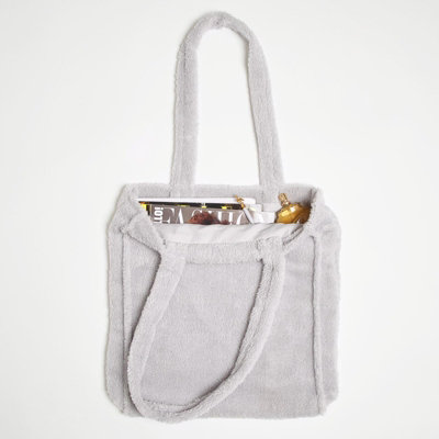 OHS Teddy Fleece Tote Shopping Carrier Reusable Bag, Silver - 40 x 42cm