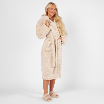 OHS Teddy Marl Fleece Adults Dressing Gown Full-Length Robe, Beige