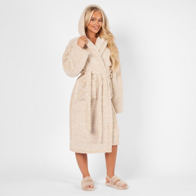 OHS Teddy Marl Fleece Adults Dressing Gown Full-Length Robe, Beige