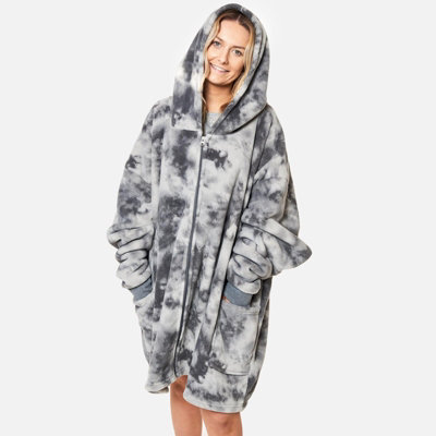 OHS Tie Dye Zip-Up Oversized Hooded Blanket Sweater, Charcoal Adults