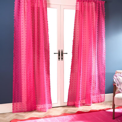 OHS Tufted Pompom Voile Net Curtain Pair Window Panels Slot Top Set ...
