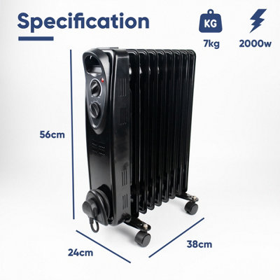 OIL Filled Radiator 9 Fin Black Heater Electric 2KW Free Standing Portable Oil Radiator with Thermostat - 3 Heater Settings, Built