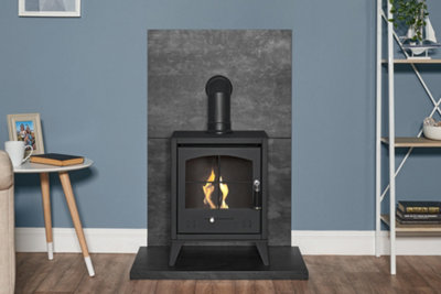 OKO S2 Bio Ethanol Stove in Charcoal Grey with Angled Stove Pipe