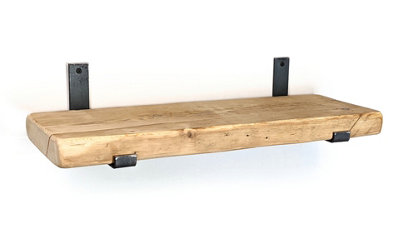 Old Wooden Reclaimed Floating Shelf Unprimed Bracket Bent Up 9" 225mm - Length 130cm