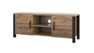 Olin 41 Modern TV Cabinet in Appenzeller Fichte Oak & Black Matt - W1470mm x H570mm x D430mm