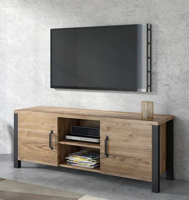 Olin 41 Modern TV Cabinet in Appenzeller Fichte Oak & Black Matt - W1470mm x H570mm x D430mm