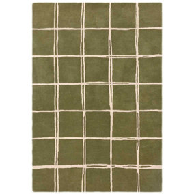 Olive Chequered Wool Modern Shaggy Handmade Rug For Living Room Bedroom & Dining Room-120cm X 170cm