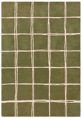 Olive Chequered Wool Modern Shaggy Handmade Rug For Living Room Bedroom & Dining Room-200cm X 290 cm