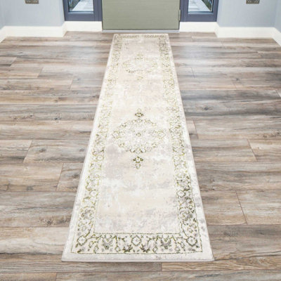 Olive Green Grey Traditional Medallion Bordered Living Runner Rug 70x240cm